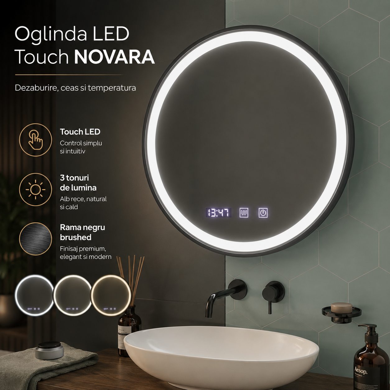 Oglinda LED Touch NOVARA Sistem Dezaburire, Ceas si Temperatura 70 cm Rama Negru Brushed 2