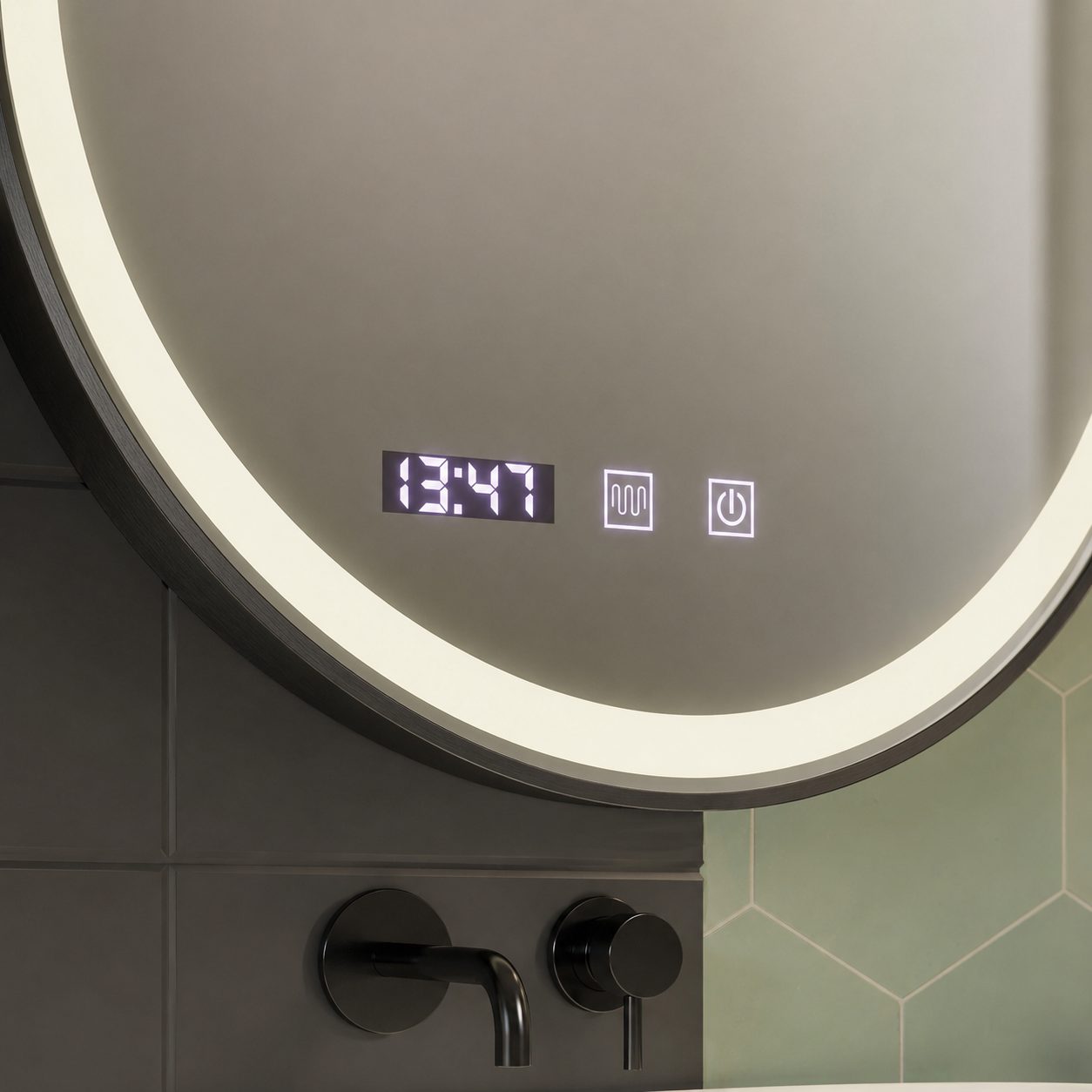 Oglinda LED Touch NOVARA Sistem Dezaburire, Ceas si Temperatura 70 cm Rama Negru Brushed