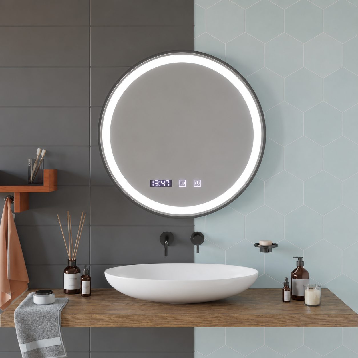 Oglinda LED Touch NOVARA Sistem Dezaburire, Ceas si Temperatura 70 cm Rama Negru Brushed