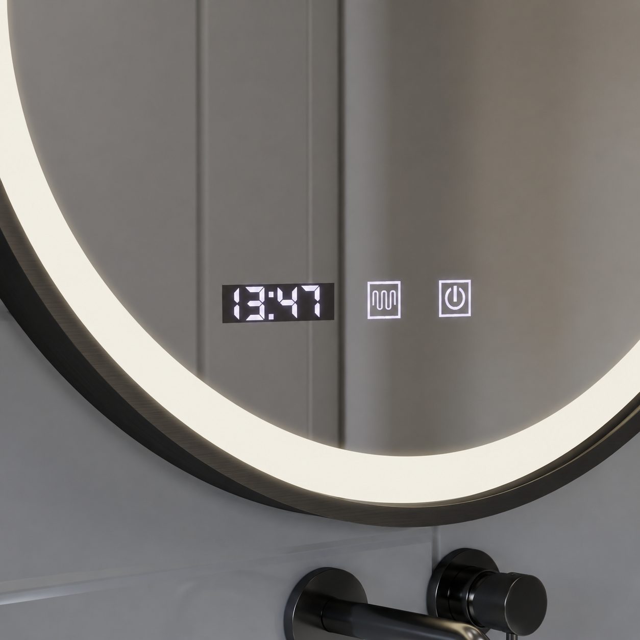 Oglinda LED Touch NOVARA Sistem Dezaburire, Ceas si Temperatura 60 cm Rama Negru Brushed