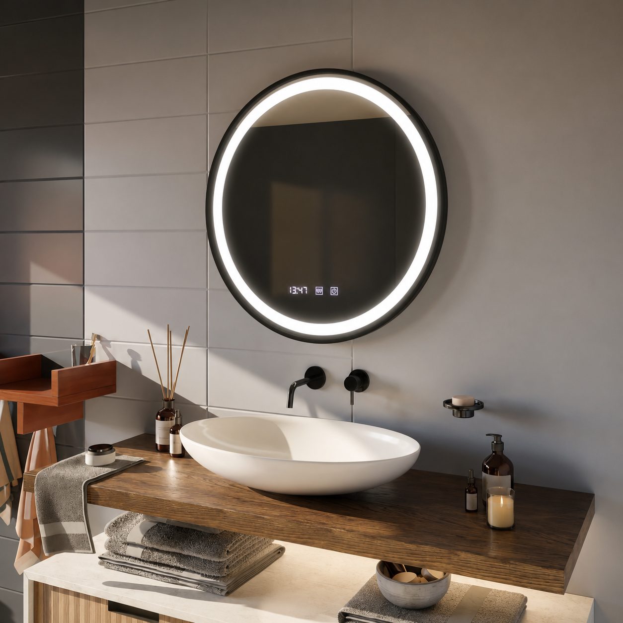 Oglinda LED Touch NOVARA Sistem Dezaburire, Ceas si Temperatura 60 cm Rama Negru Brushed