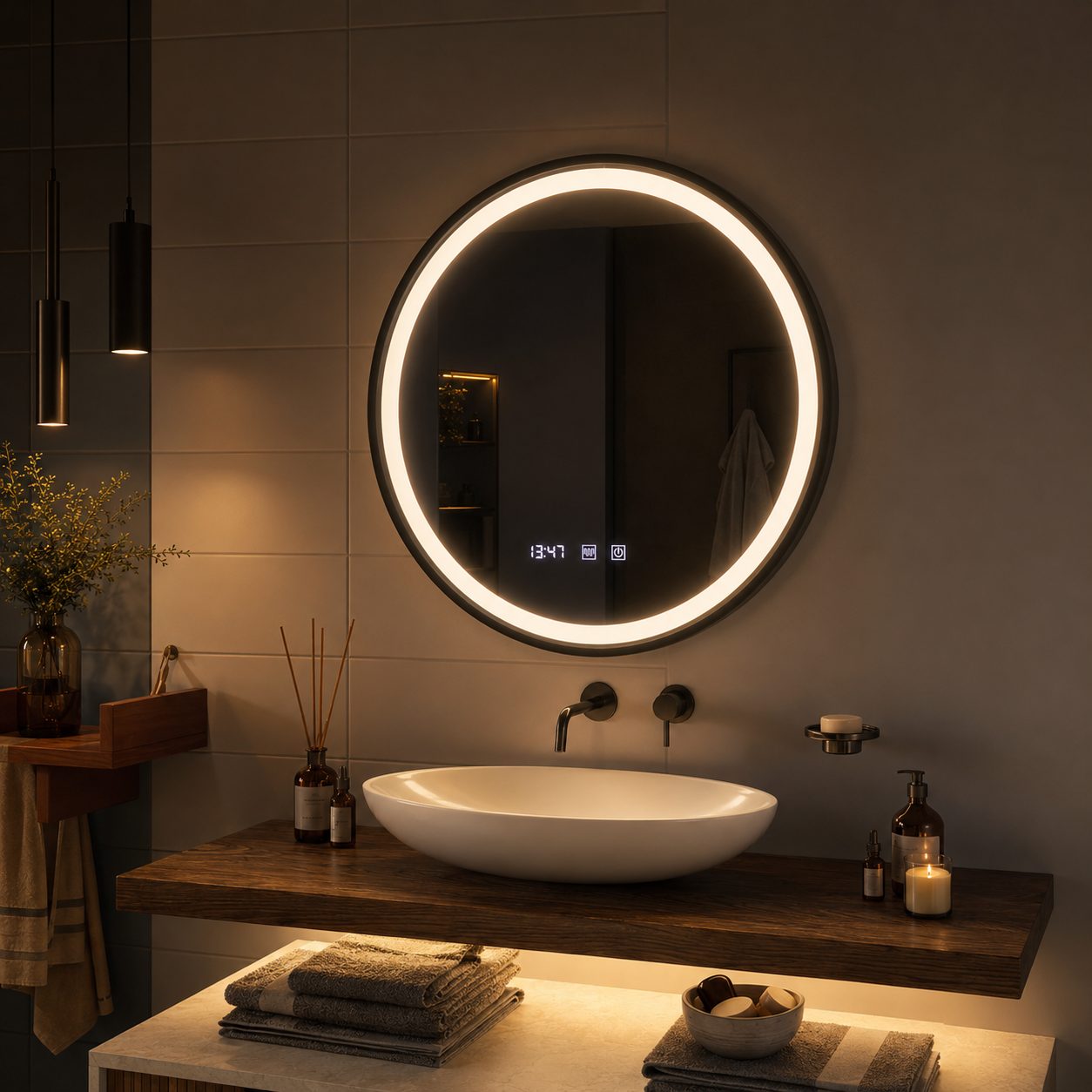 Oglinda LED Touch NOVARA Sistem Dezaburire, Ceas si Temperatura 60 cm Rama Negru Brushed