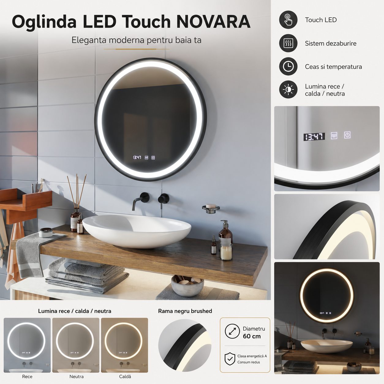 Oglinda LED Touch NOVARA Sistem Dezaburire, Ceas si Temperatura 60 cm Rama Negru Brushed 2