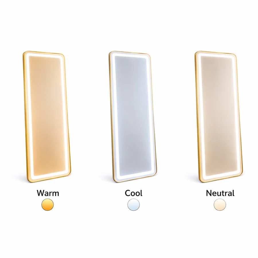 Prim-plan detalii oglindă LED cu lumină rece caldă și neutră