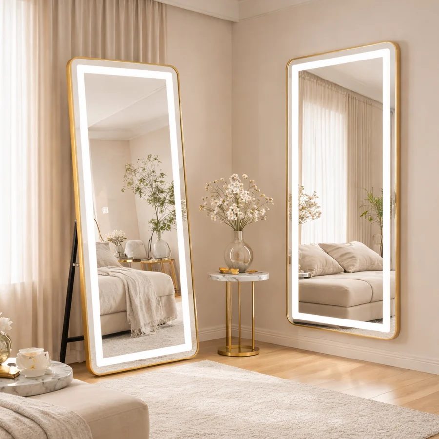 Oglindă LED rectangulară 50x160cm ramă aurie lumina rece caldă neutră