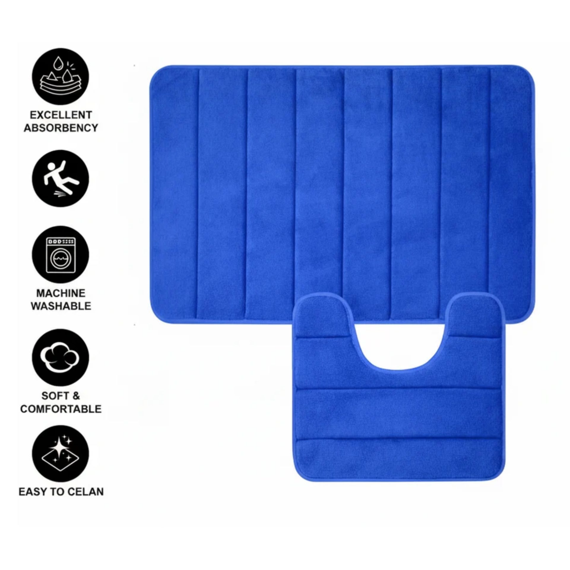 Covorase de Baie, 80x50 cm / 50x40 cm, Albastru, Antiderapant, Absorbant, Set 2 bucati
