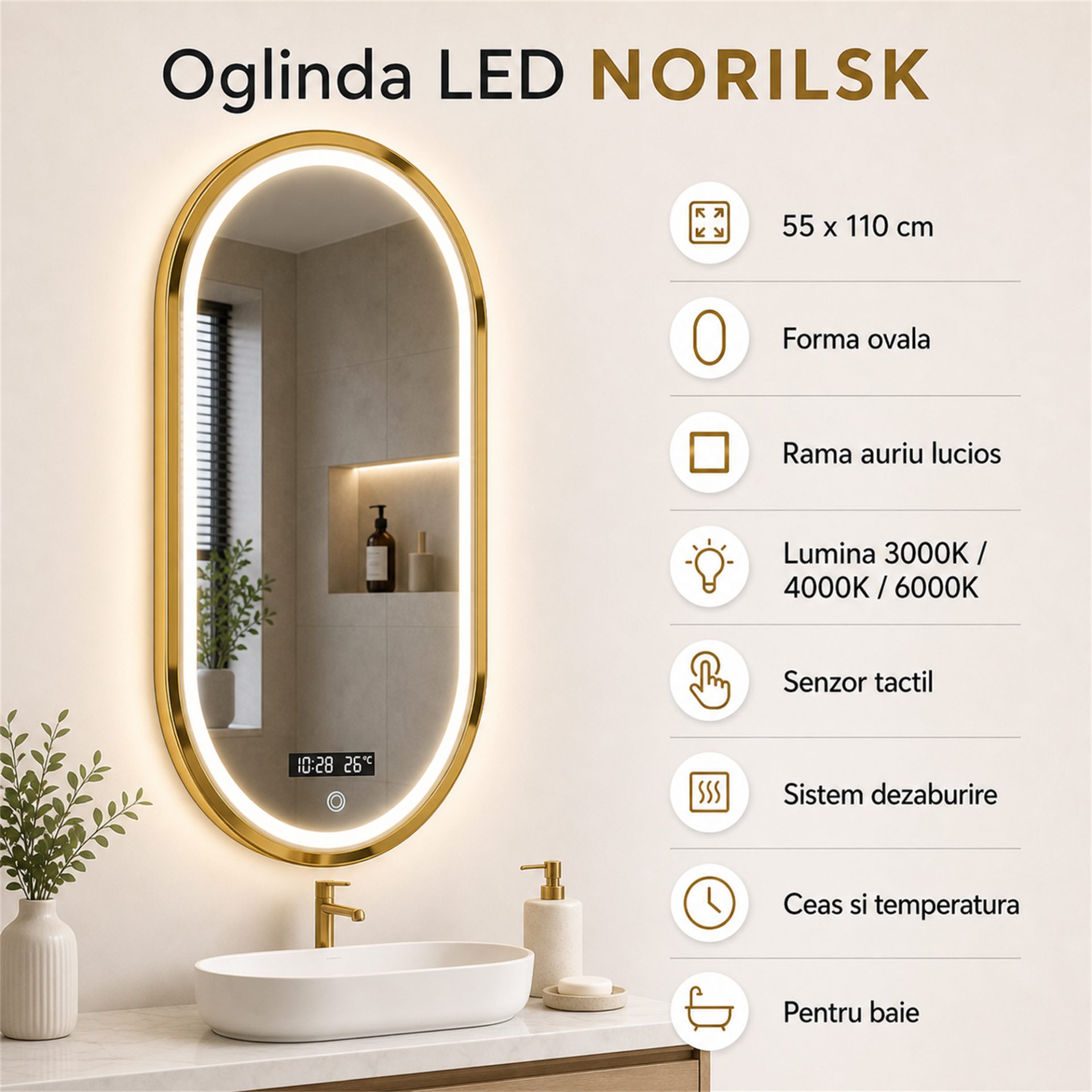 Oglinda LED NORILSK, 55x110cm, Auriu Lucios, Senzor, Lumina 3000K, 4000K, 6000K, Sistem Dezaburire, Metal, Functii Ceas si Temperatura