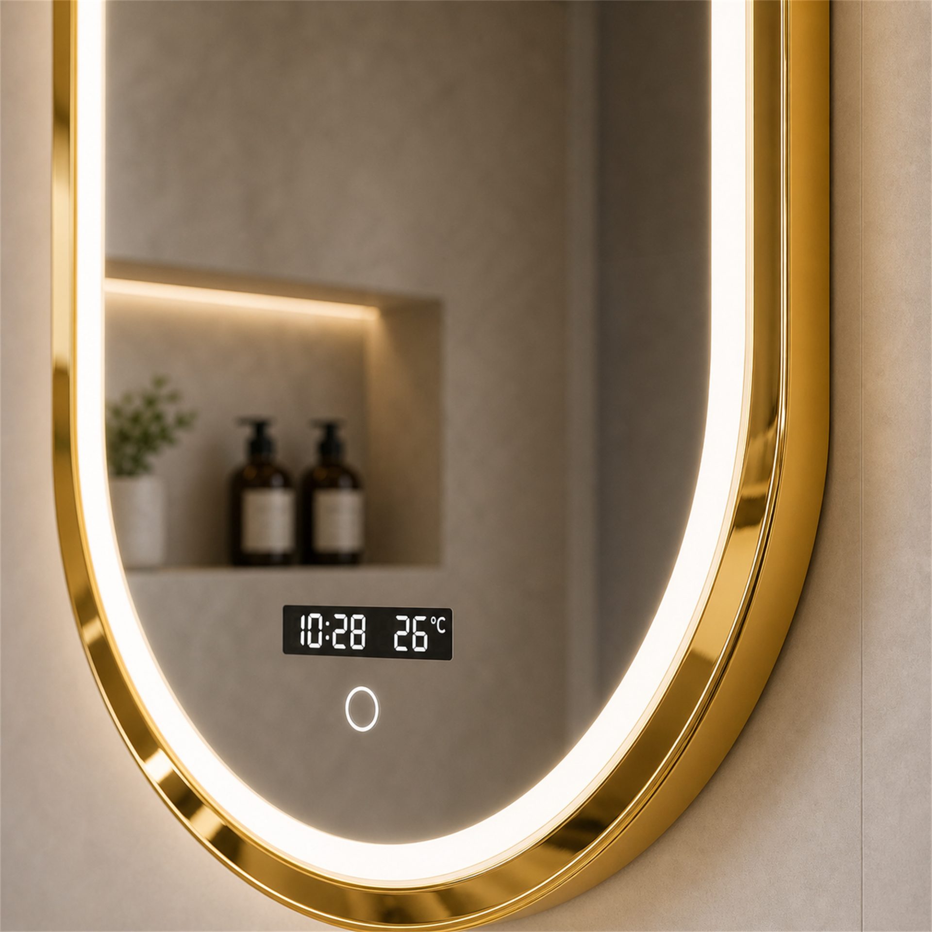 Oglinda LED NORILSK, 55x110cm, Auriu Lucios, Senzor, Lumina 3000K, 4000K, 6000K, Sistem Dezaburire, Metal, Functii Ceas si Temperatura