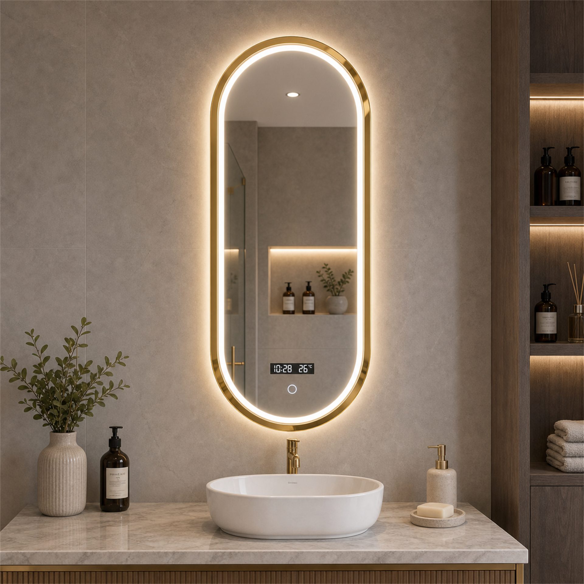 Oglinda LED NORILSK, 55x110cm, Auriu Lucios, Senzor, Lumina 3000K, 4000K, 6000K, Sistem Dezaburire, Metal, Functii Ceas si Temperatura