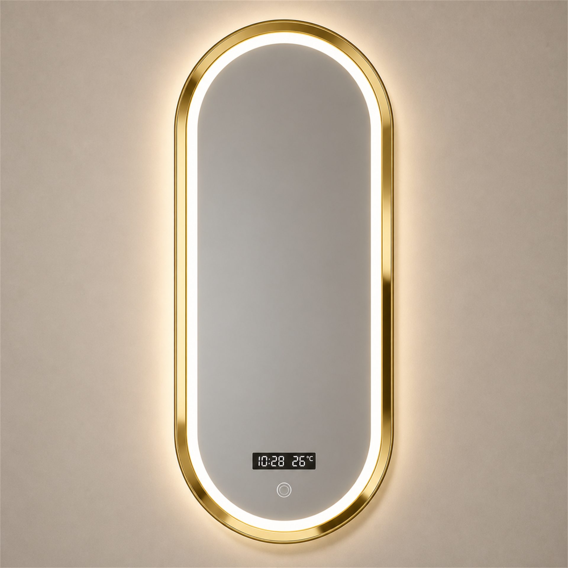 Oglinda LED NORILSK, 55x110cm, Auriu Lucios, Senzor, Lumina 3000K, 4000K, 6000K, Sistem Dezaburire, Metal, Functii Ceas si Temperatura