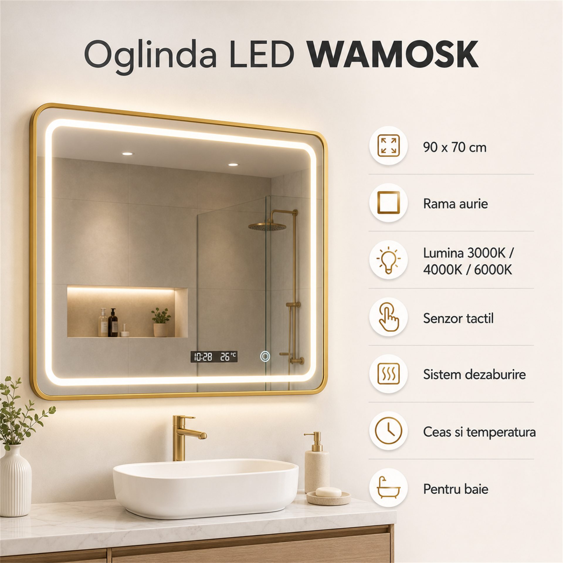 Oglinda LED WAMOSK, 90x70cm, Auriu, Senzor, Lumina 3000K, 4000K, 6000K, Sistem Dezaburire, Metal, Functii Ceas si Temperatura