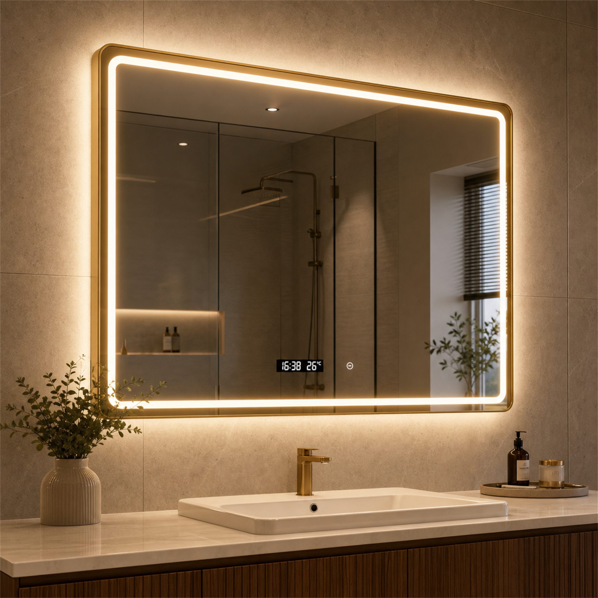 Oglinda LED WAMOSK, 90x70cm, Auriu, Senzor, Lumina 3000K, 4000K, 6000K, Sistem Dezaburire, Metal, Functii Ceas si Temperatura