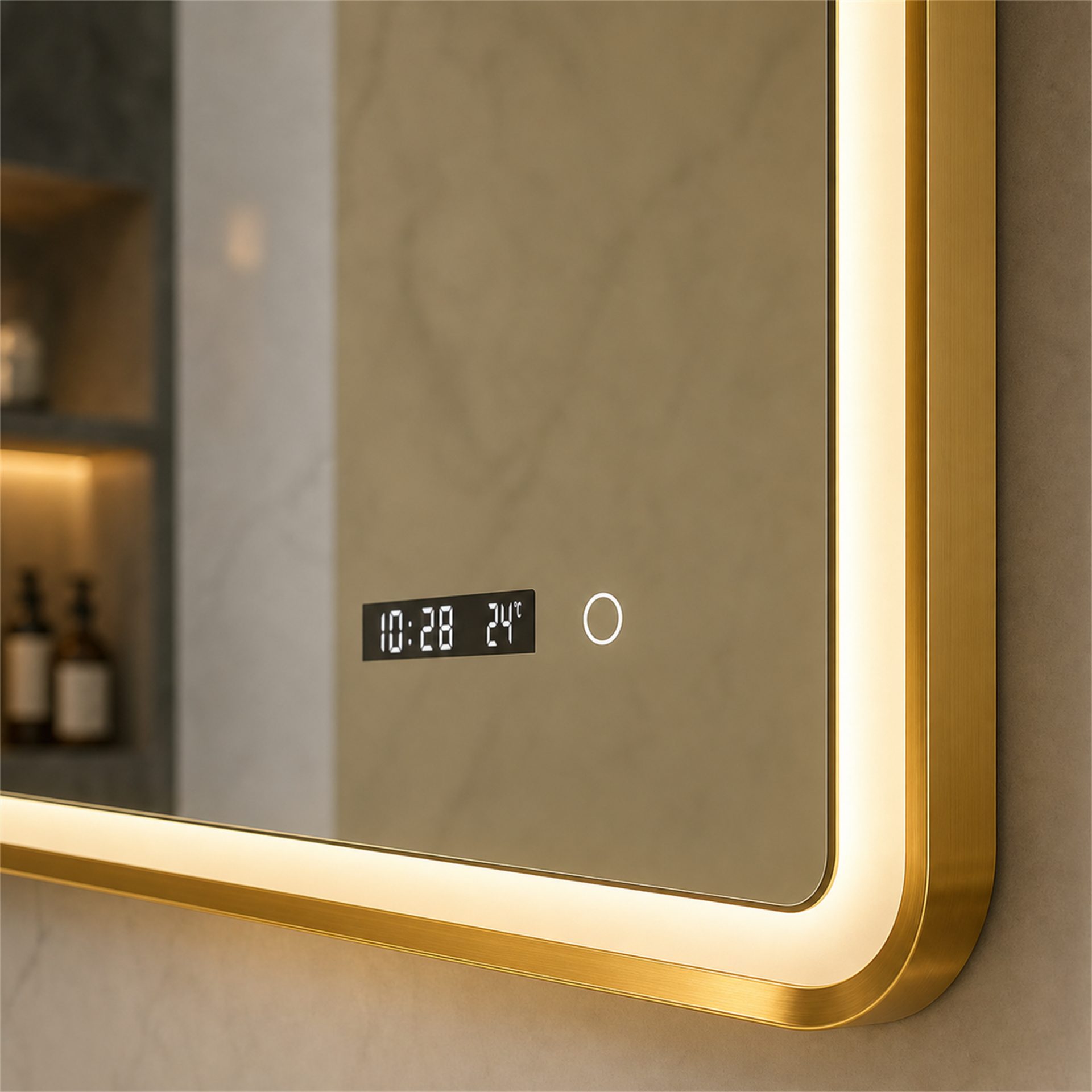 Oglinda LED WAMOSK, 90x70cm, Auriu, Senzor, Lumina 3000K, 4000K, 6000K, Sistem Dezaburire, Metal, Functii Ceas si Temperatura