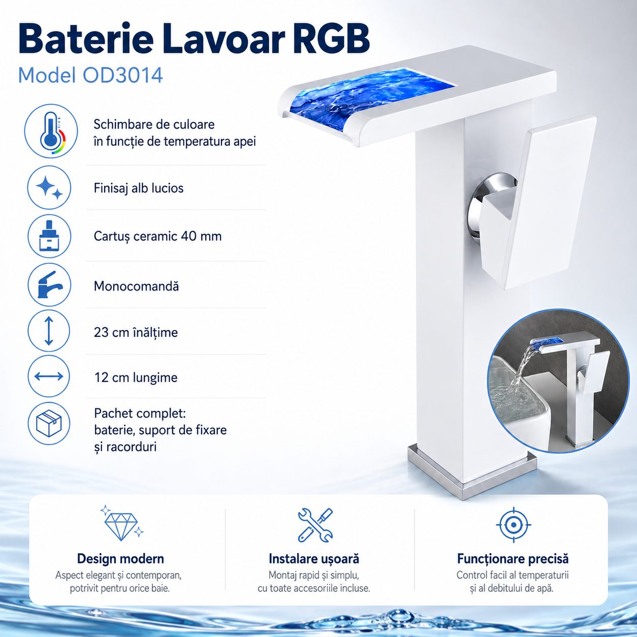 Baterie Lavoar, Lumina RGB, Schimbare de culoare in functie de temperatura apei, OD3014 2