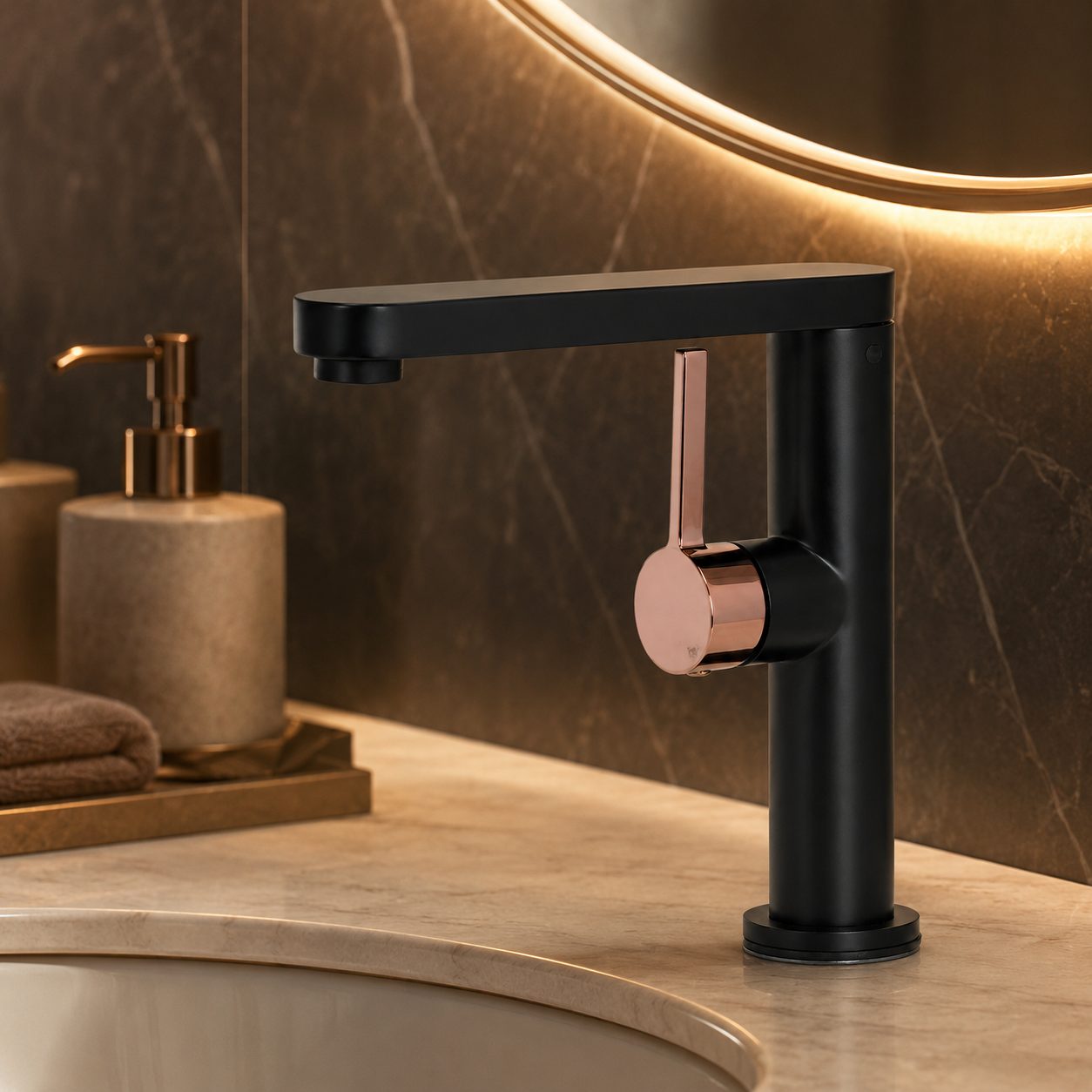 Baterie Lavoar HASSO 9107H/M, Flippy, Alama Sanitara, Monocomanda, Cartus Ceramic 40 mm, Negru Mat/Rose Gold