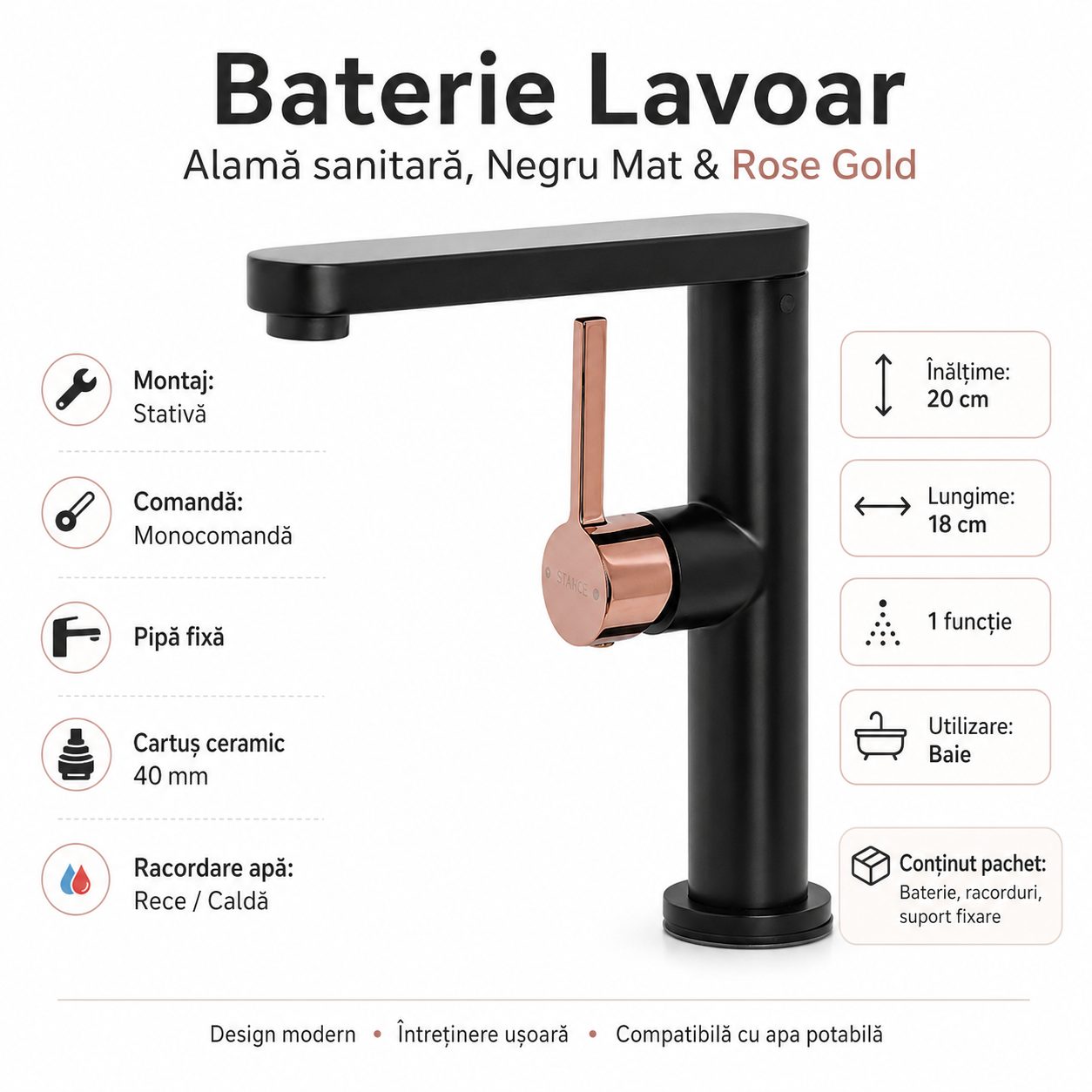 Baterie Lavoar HASSO 9107H/M, , Alama Sanitara, Monocomanda, Cartus Ceramic 40 mm, Negru Mat/Rose Gold 5