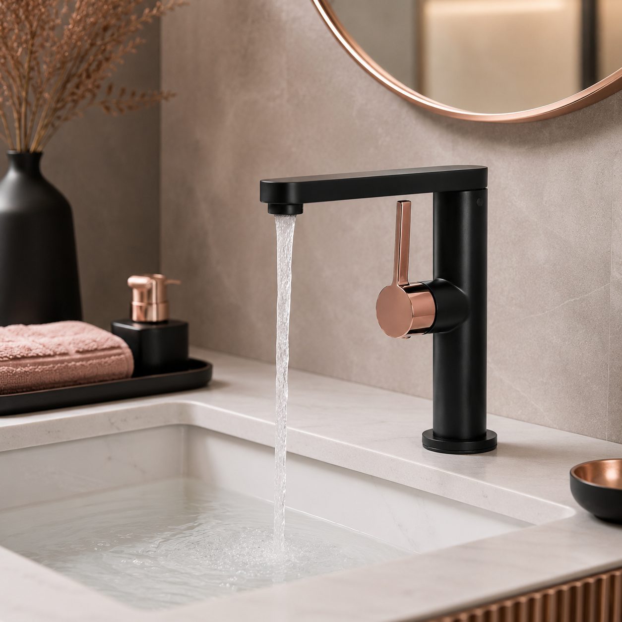Baterie Lavoar HASSO 9107H/M, Flippy, Alama Sanitara, Monocomanda, Cartus Ceramic 40 mm, Negru Mat/Rose Gold
