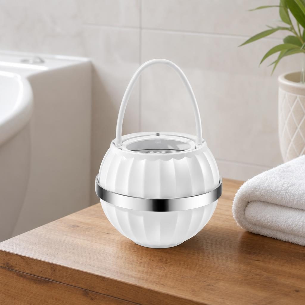 Filtru Purificator pentru Apa de Baie, Flippy, Forma Sferica, Maner pentru Agatare, Banda Decorativa Argintie, Uz Casnic, Alb