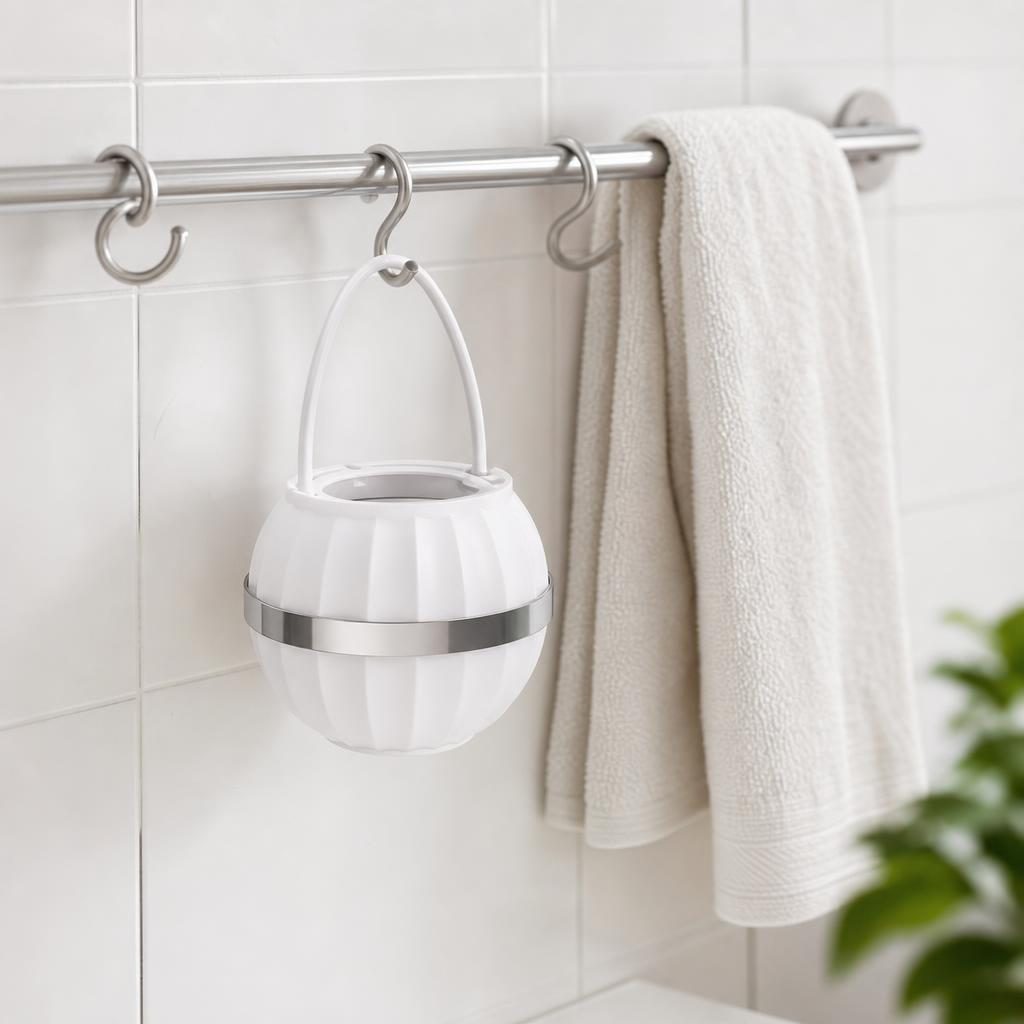 Filtru Purificator pentru Apa de Baie, Flippy, Forma Sferica, Maner pentru Agatare, Banda Decorativa Argintie, Uz Casnic, Alb