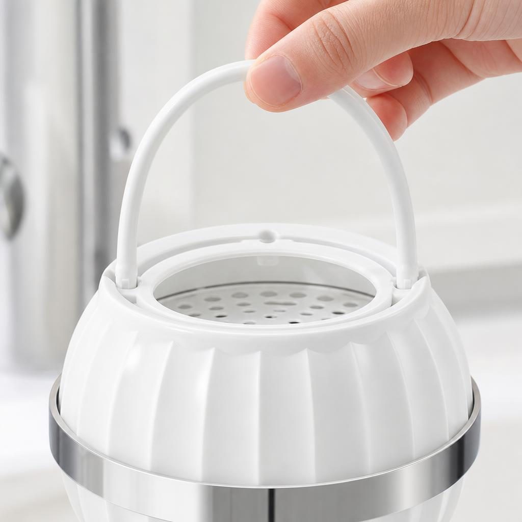 Filtru Purificator pentru Apa de Baie, Flippy, Forma Sferica, Maner pentru Agatare, Banda Decorativa Argintie, Uz Casnic, Alb