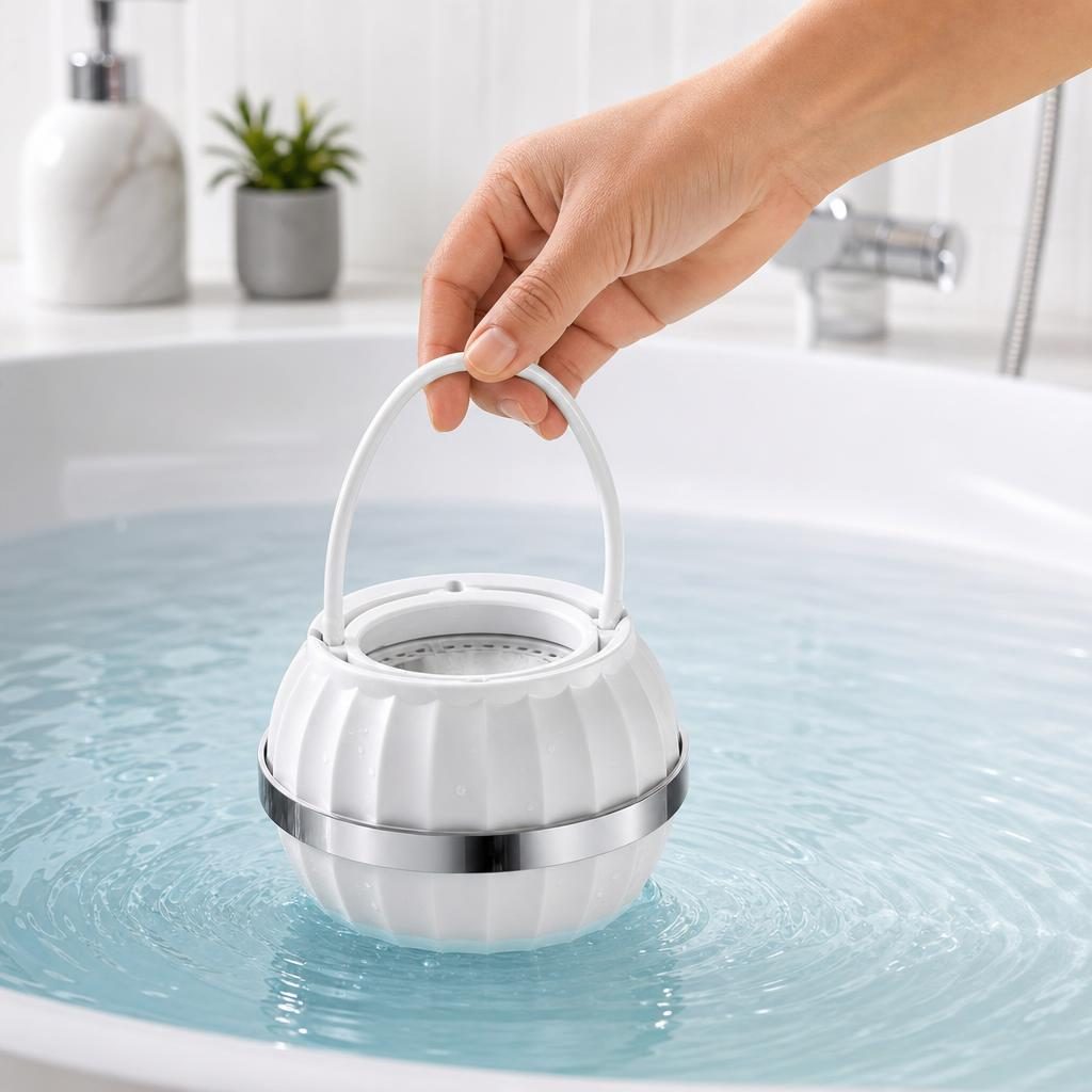 Filtru Purificator pentru Apa de Baie, Flippy, Forma Sferica, Maner pentru Agatare, Banda Decorativa Argintie, Uz Casnic, Alb
