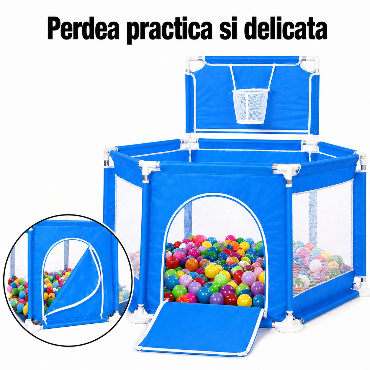 Tarc de Joaca pentru Copii cu Cos de Baschet, , Usa cu Fermoar, Plasa Laterala, Structura Stabila, Dimensiune 130x115x65 cm, Albastru 2