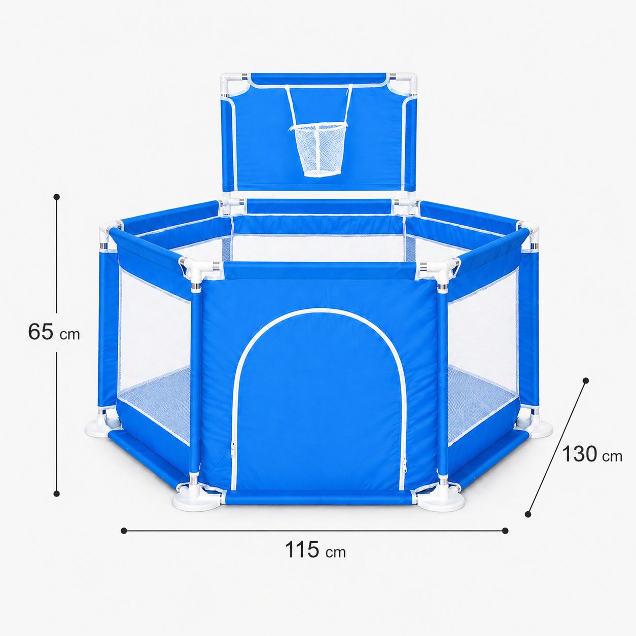 Tarc de Joaca pentru Copii cu Cos de Baschet, , Usa cu Fermoar, Plasa Laterala, Structura Stabila, Dimensiune 130x115x65 cm, Albastru 5