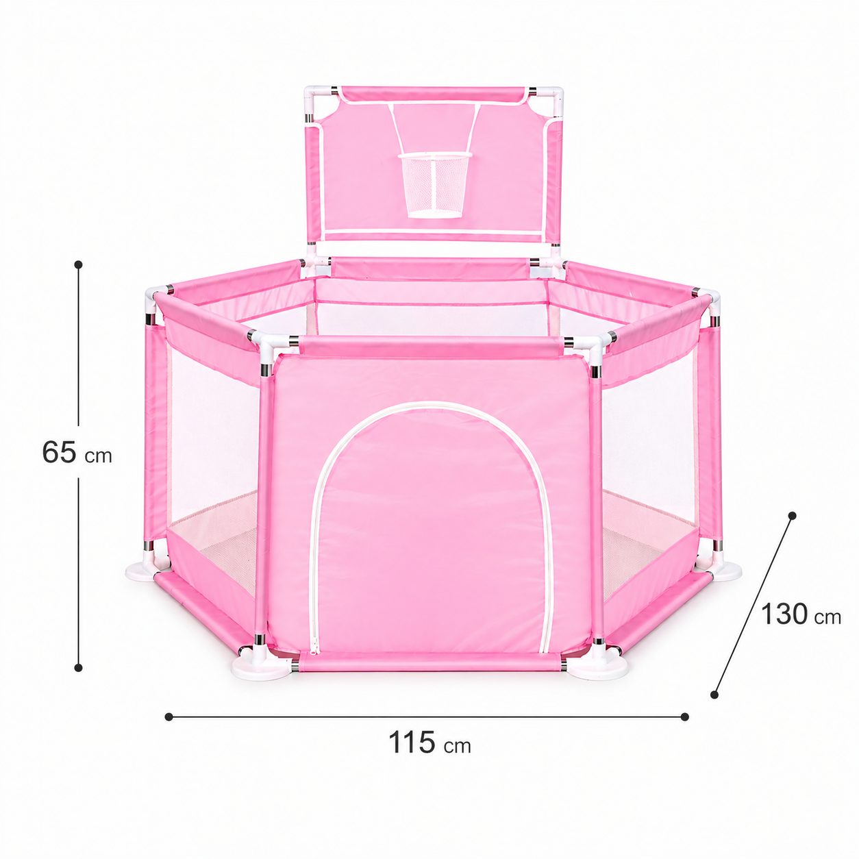 Tarc de Joaca pentru Copii cu Cos de Baschet, , Usa cu Fermoar, Plasa Laterala, Structura Stabila, Dimensiune 130x115x65 cm, Roz Deschis 5