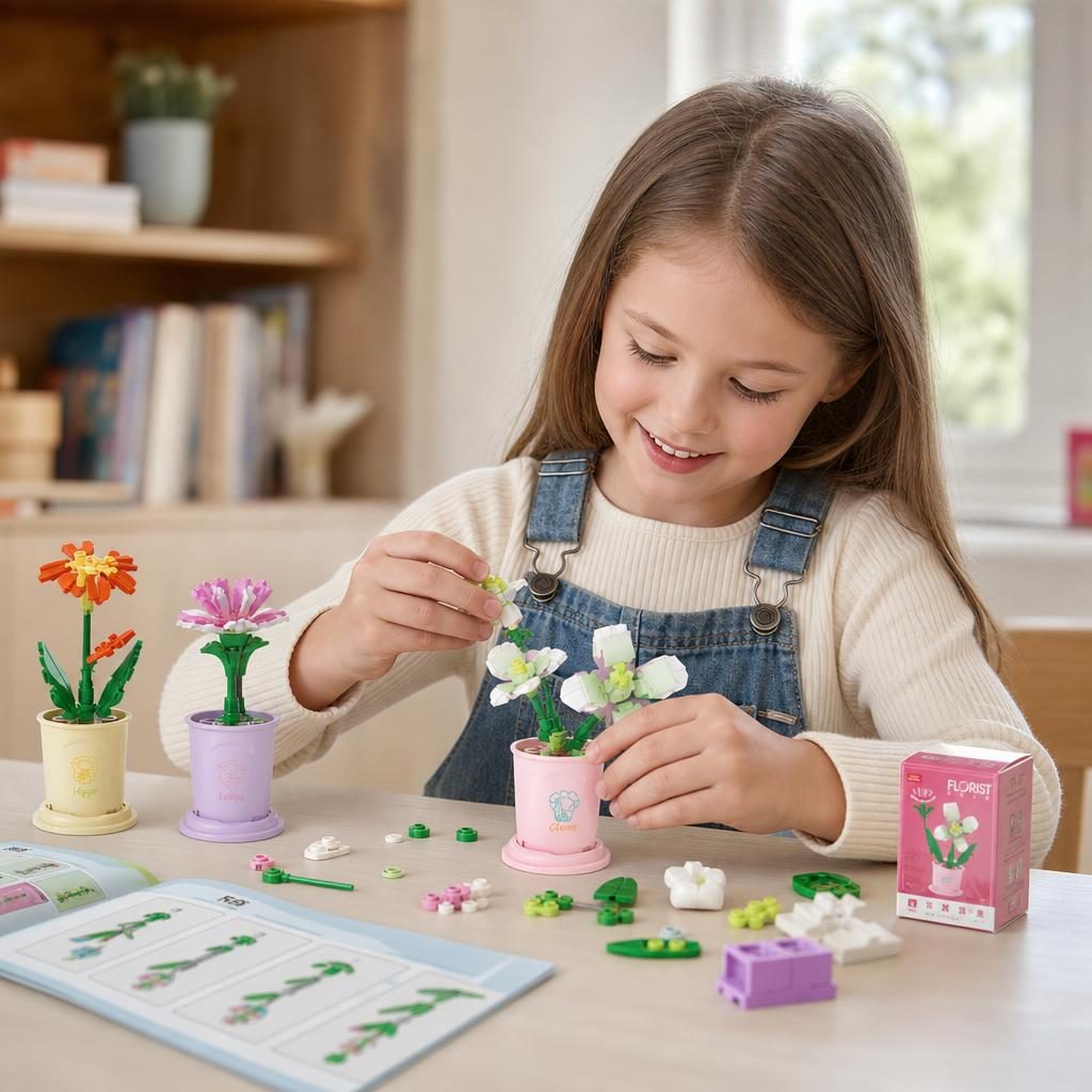 Set 12 Flori de Construit in Ghiveci, , Model 1, Blocuri de Asamblare, Joc Educativ Creativ, Decor Floral, Compatibil Brick, Cadou pentru Copii 6+ Ani, Multicolor 2