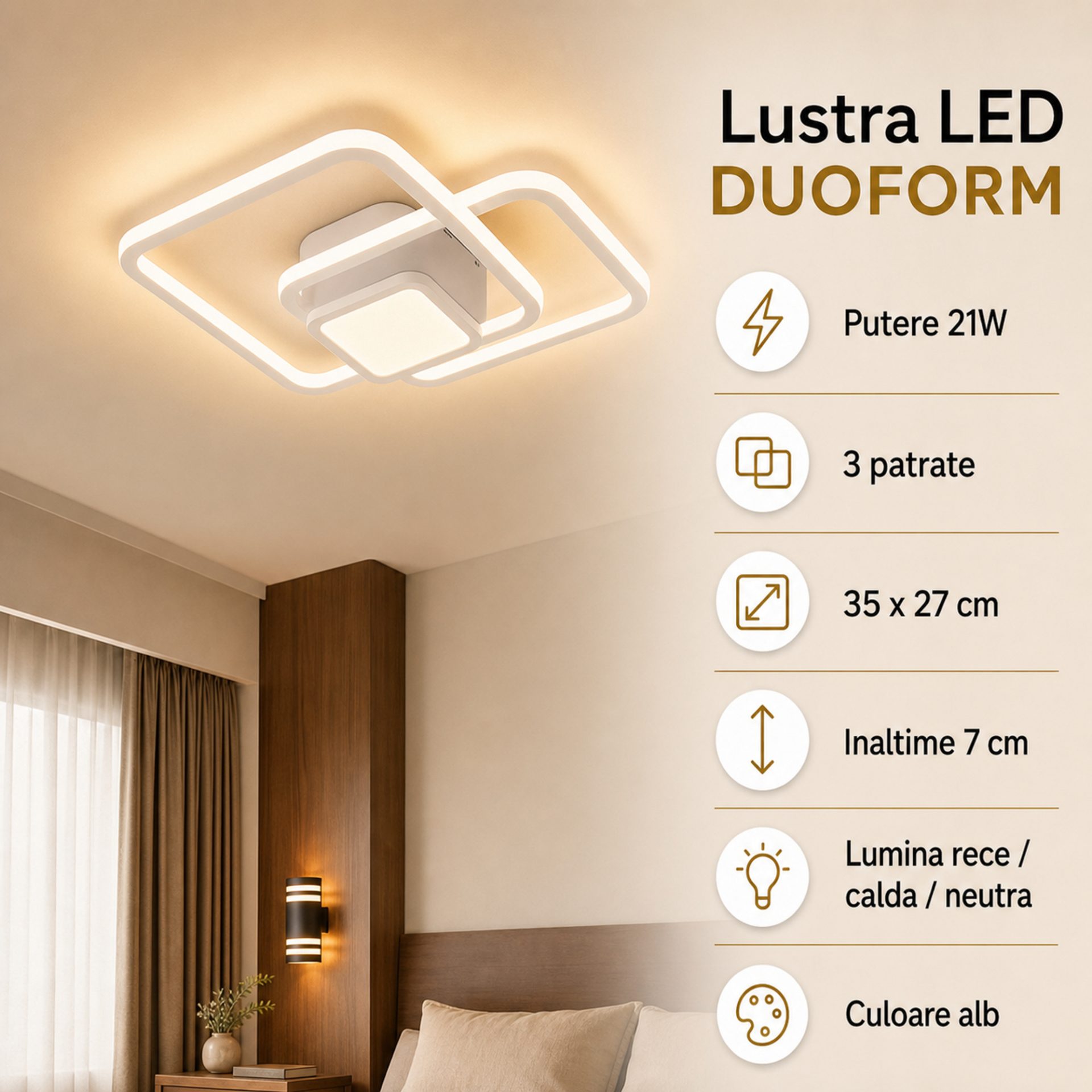 Lustra LED Moderna DUOFORM, , 21W, Design Geometric cu 3 Patrate, Lumina Calda/Neutra/Rece, Alb 4