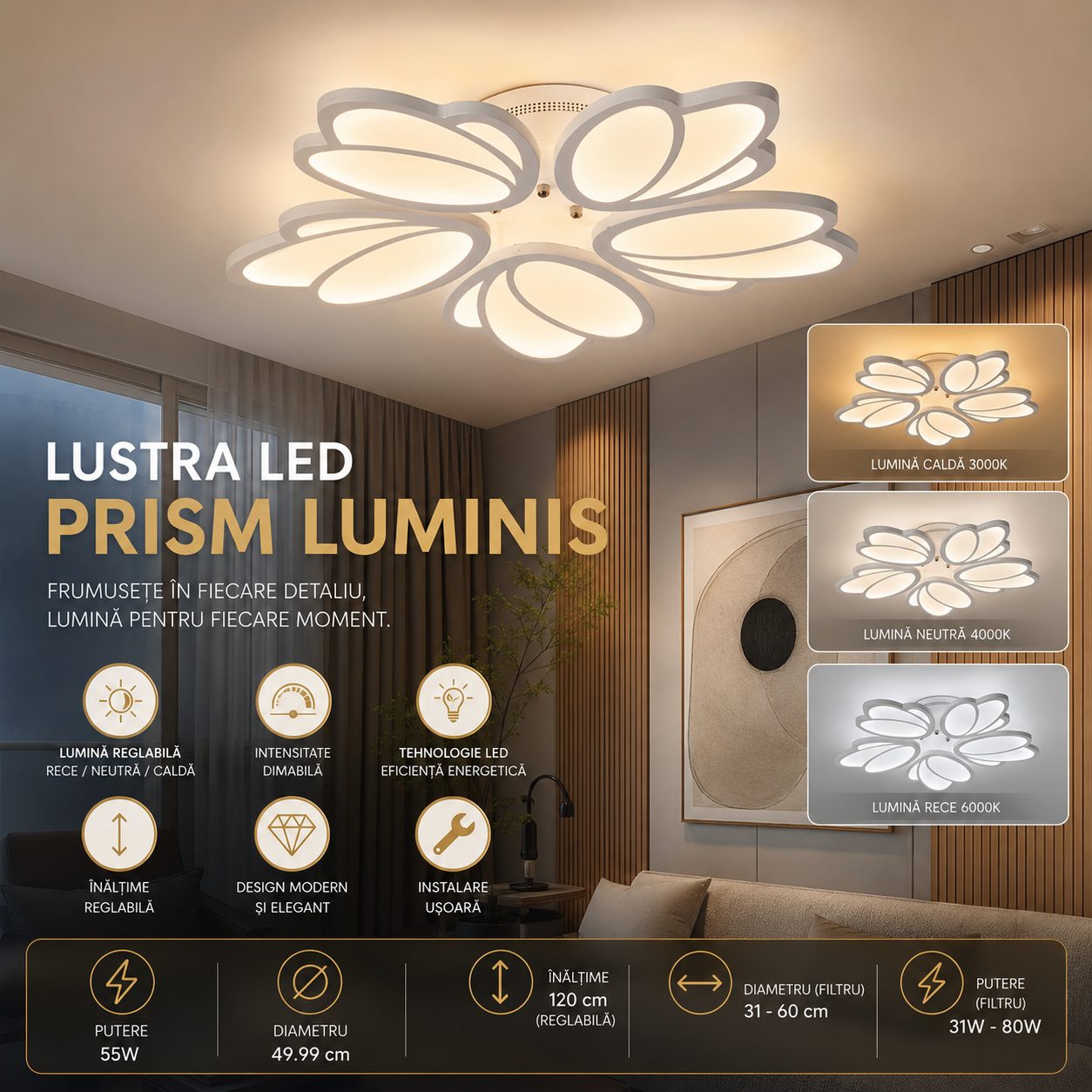 Lustra LED cu telecomanda TULIP 81W, 5 Petale, lumina Rece/Calda/Neutra, Dimabila, Alb