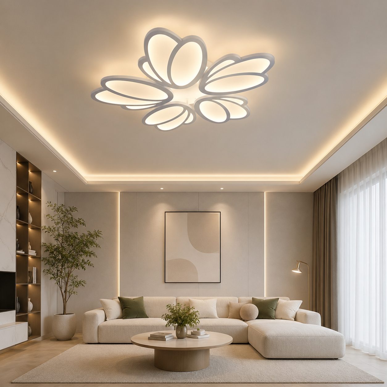 Lustra LED cu telecomanda TULIP 81W, 5 Petale, lumina Rece/Calda/Neutra, Dimabila, Alb