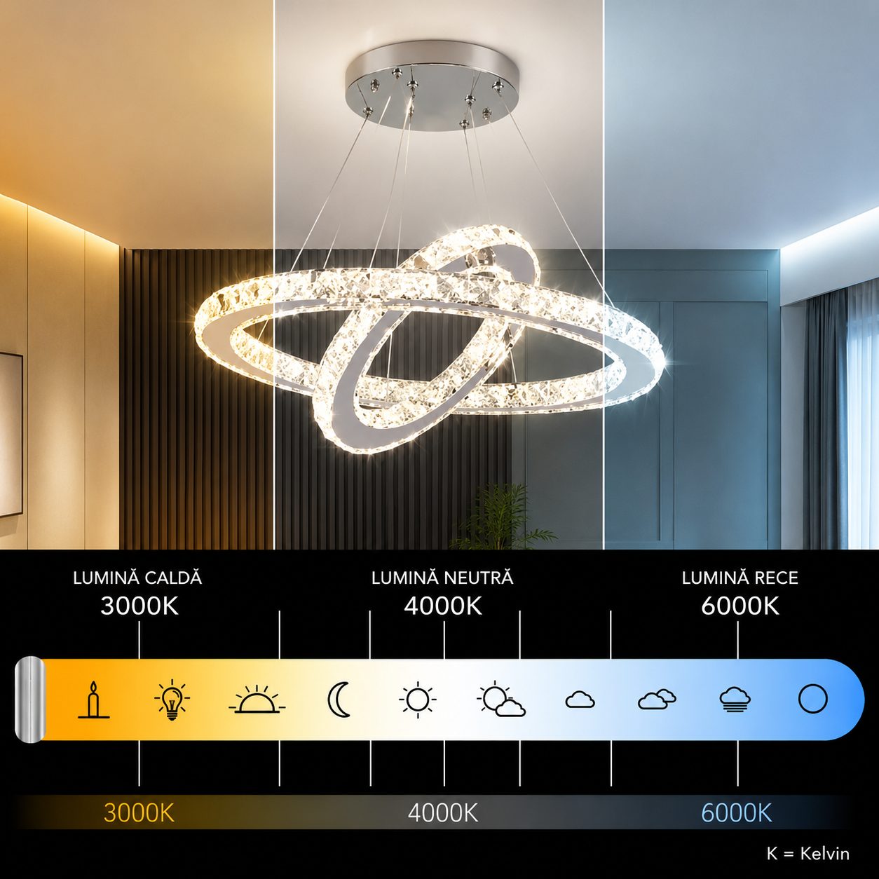 Lustra LED cu telecomanda si cristal PRISM LUMINIS 58W, 2 Cercuri, lumina Rece/Calda/Neutra, Dimabila, Crom si Alb, Inaltime Reglabila 4