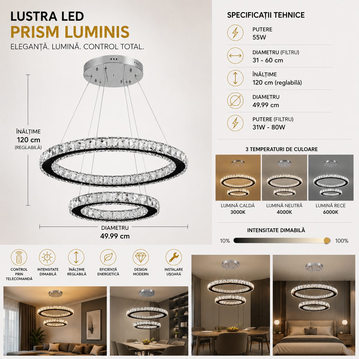 Lustra LED cu telecomanda si cristal PRISM LUMINIS 58W, 2 Cercuri, lumina Rece/Calda/Neutra, Dimabila, Crom si Alb, Inaltime Reglabila 5