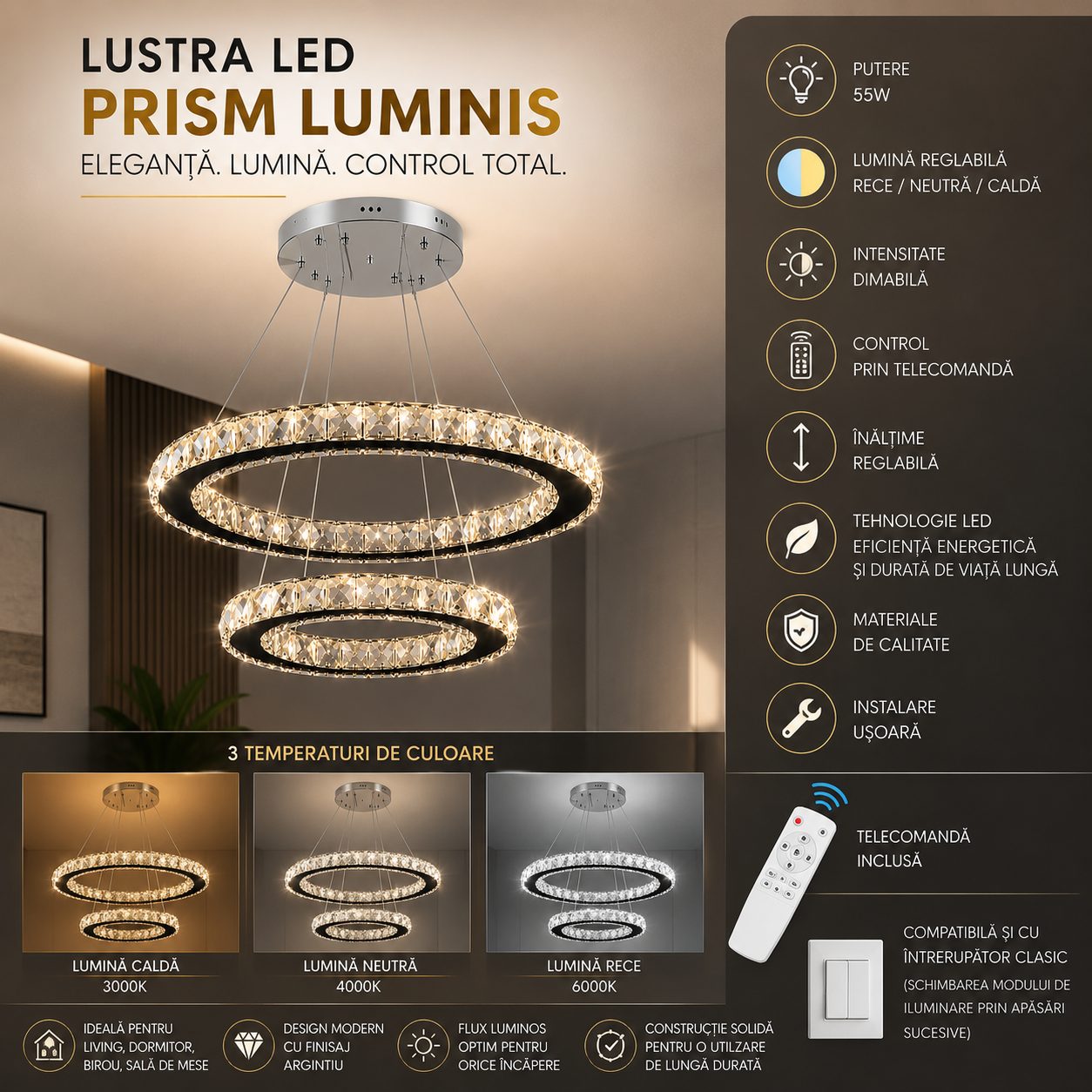Lustra LED cu telecomanda si cristal PRISM LUMINIS 58W, 2 Cercuri, lumina Rece/Calda/Neutra, Dimabila, Crom si Alb, Inaltime Reglabila 3