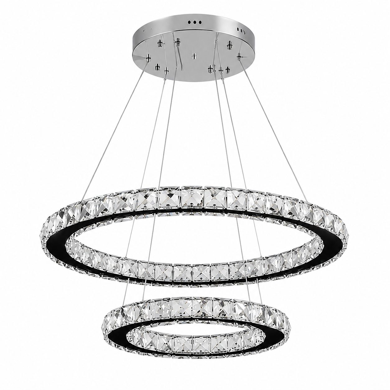 Lustra LED cu telecomanda si cristal PRISM LUMINIS 58W, 2 Cercuri, lumina Rece/Calda/Neutra, Dimabila, Crom si Alb, Inaltime Reglabila