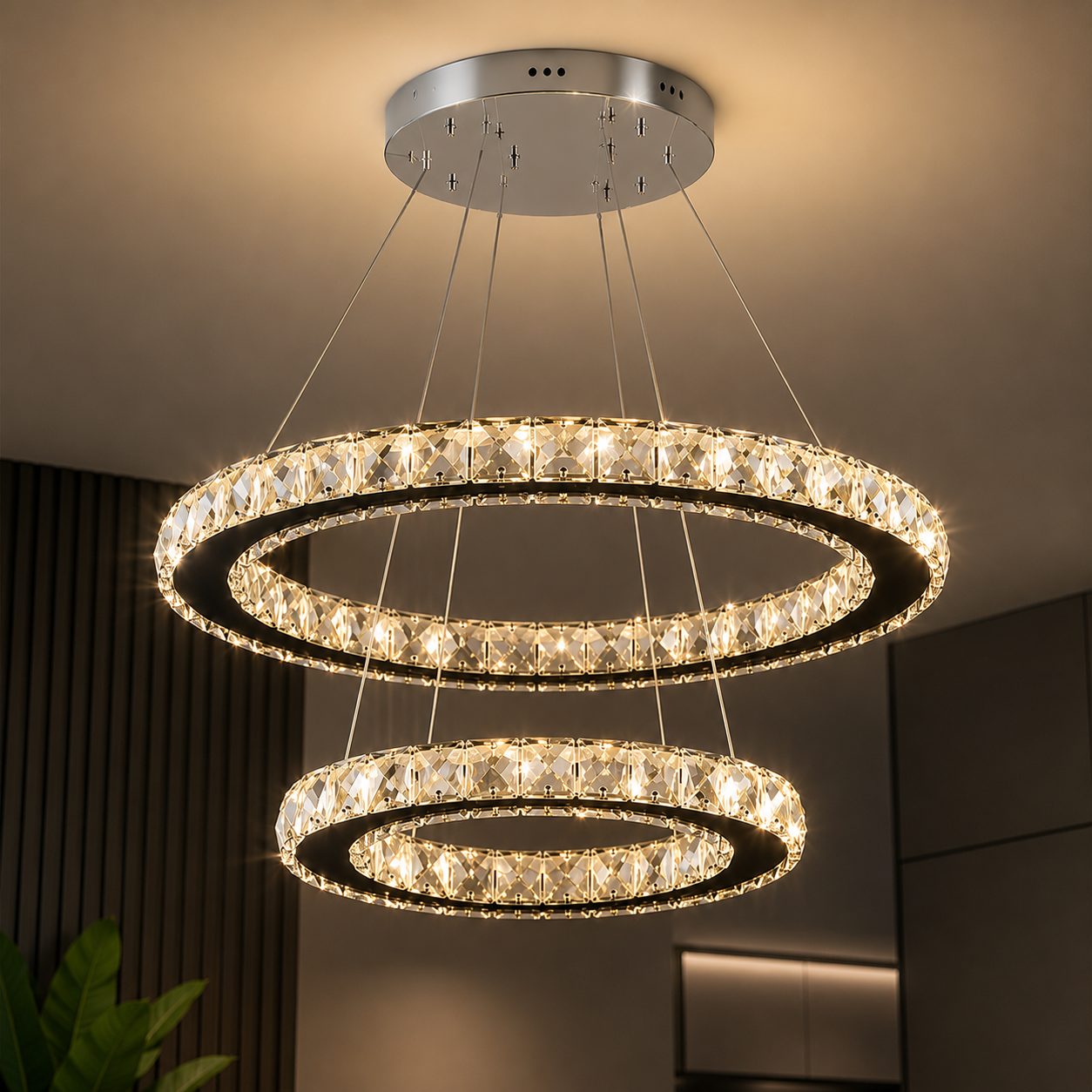 Lustra LED cu telecomanda si cristal PRISM LUMINIS 58W, 2 Cercuri, lumina Rece/Calda/Neutra, Dimabila, Crom si Alb, Inaltime Reglabila 2
