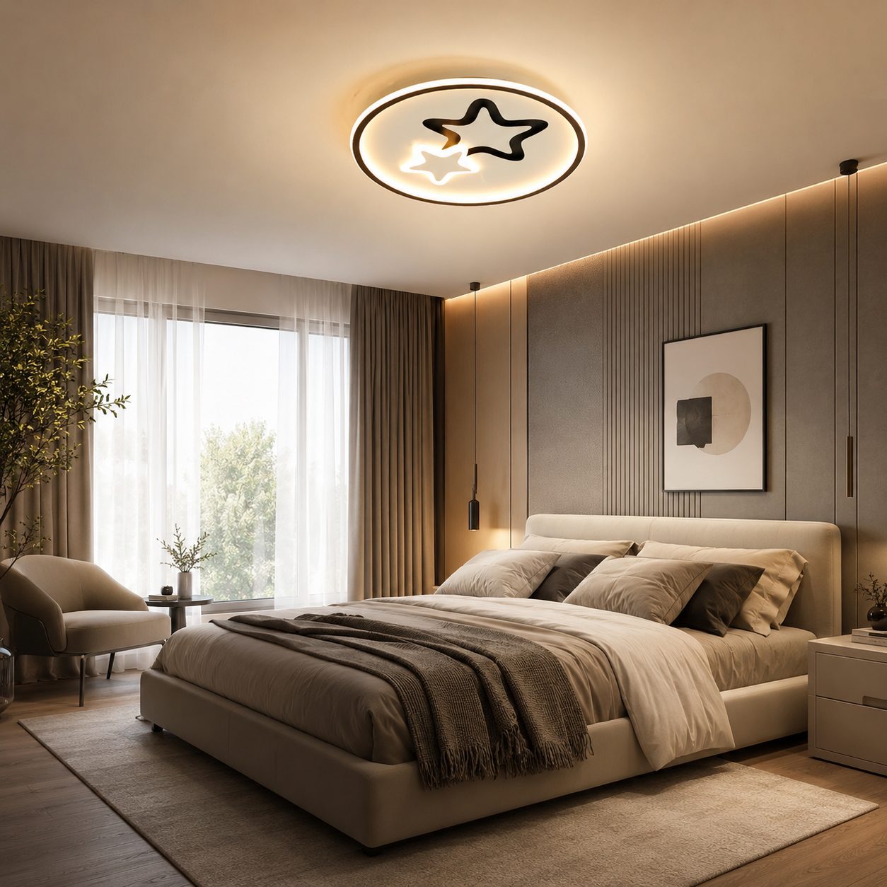 Lustra LED Moderna EMELIANA, , 57W, Forma Luna si Stea, 3 Surse LED, Telecomanda, Intensitate Reglabila, 3000K/4000K/6000K, Negru/Alb 3