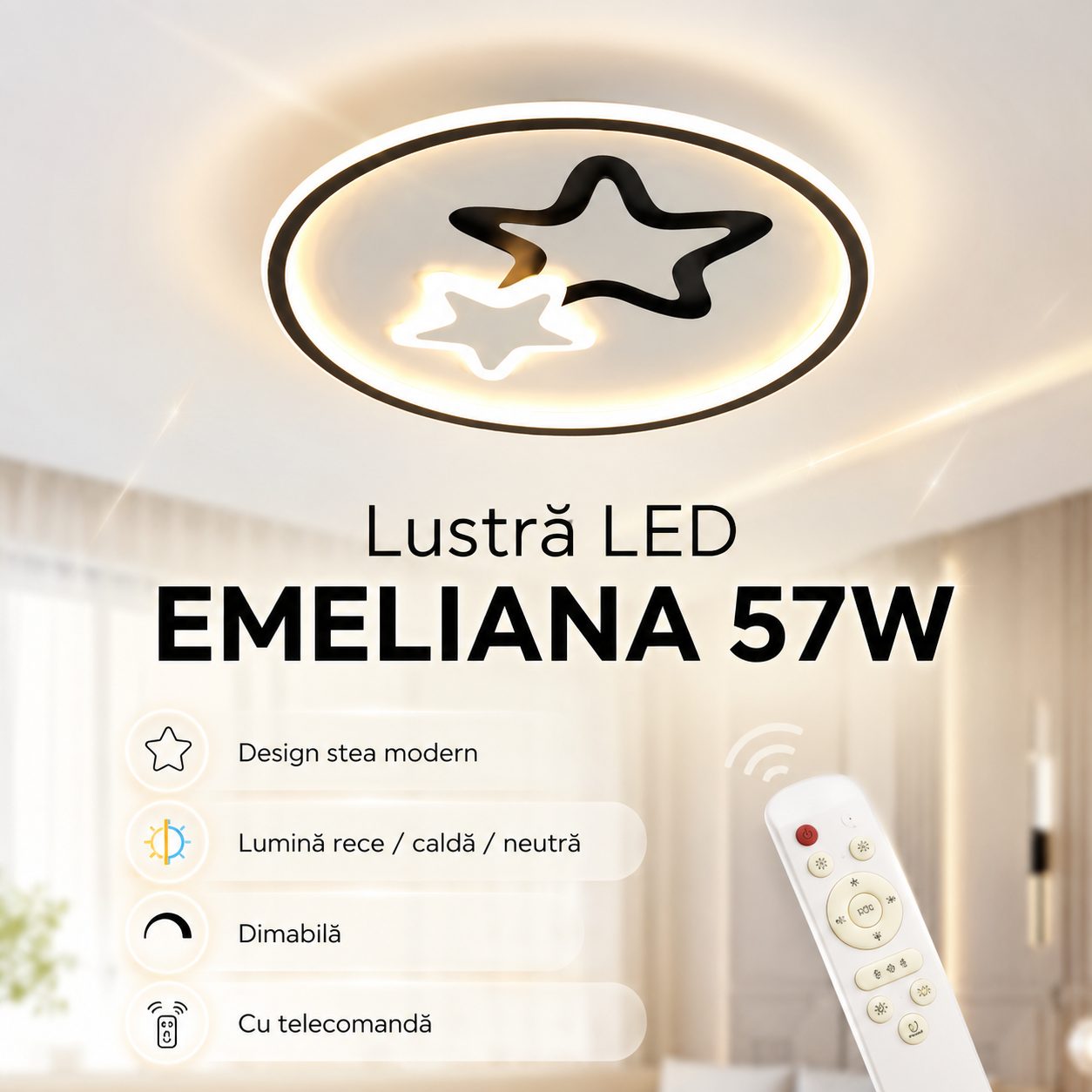 Lustra LED Moderna EMELIANA, , 57W, Forma Luna si Stea, 3 Surse LED, Telecomanda, Intensitate Reglabila, 3000K/4000K/6000K, Negru/Alb 5