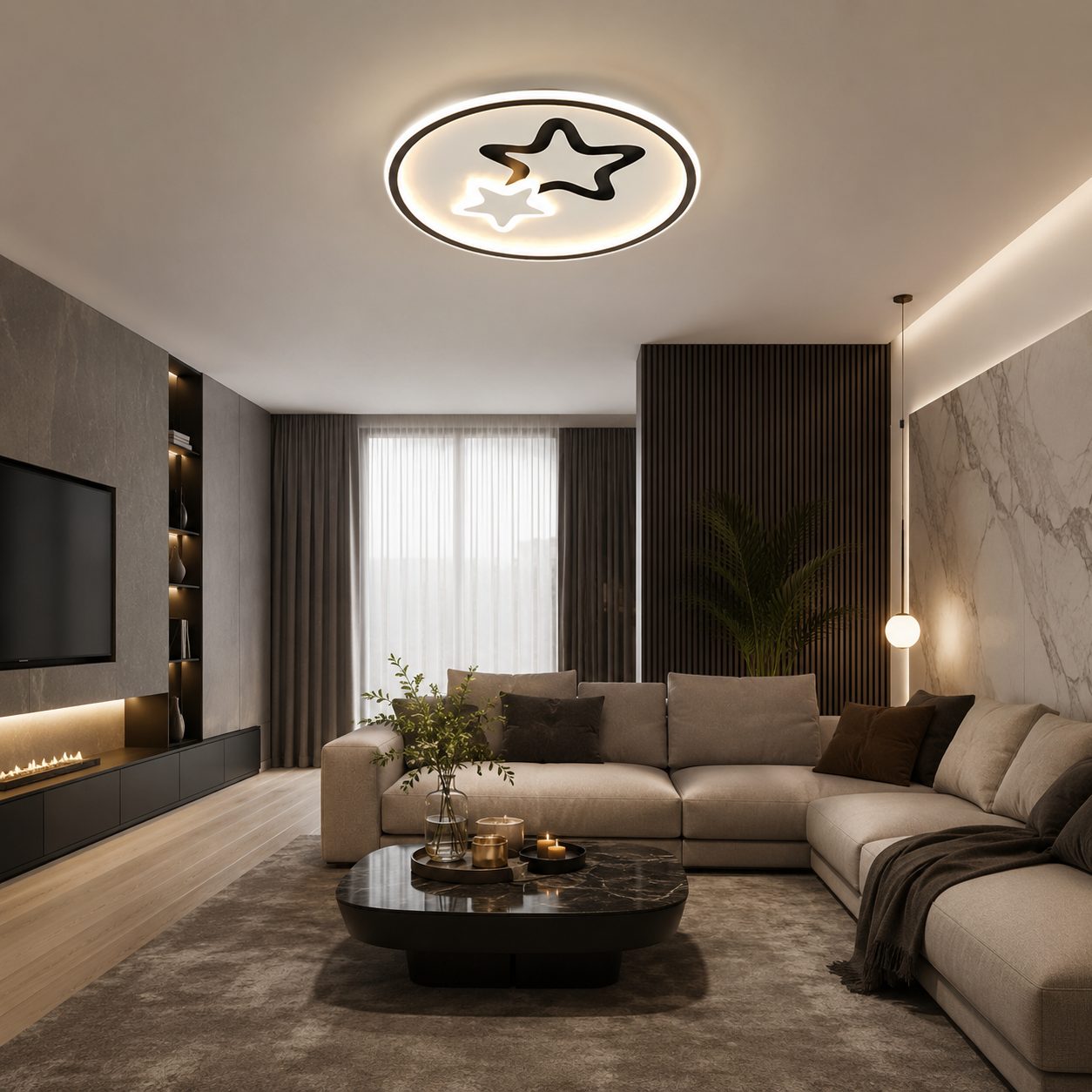 Lustra LED Moderna EMELIANA, , 57W, Forma Luna si Stea, 3 Surse LED, Telecomanda, Intensitate Reglabila, 3000K/4000K/6000K, Negru/Alb
