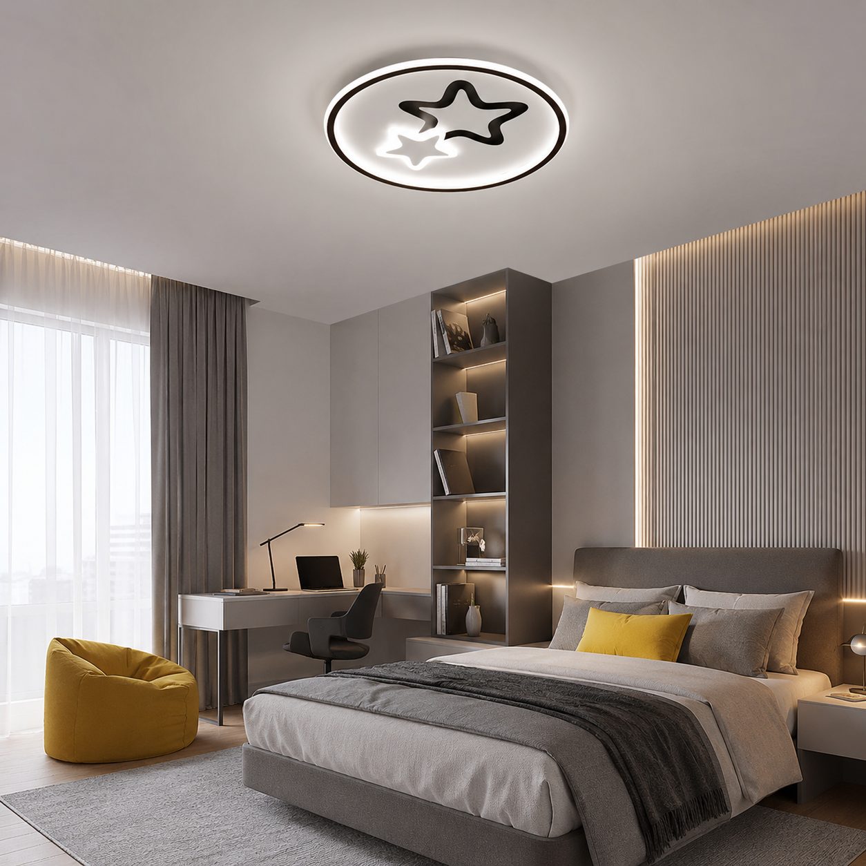 Lustra LED Moderna EMELIANA, , 57W, Forma Luna si Stea, 3 Surse LED, Telecomanda, Intensitate Reglabila, 3000K/4000K/6000K, Negru/Alb 4
