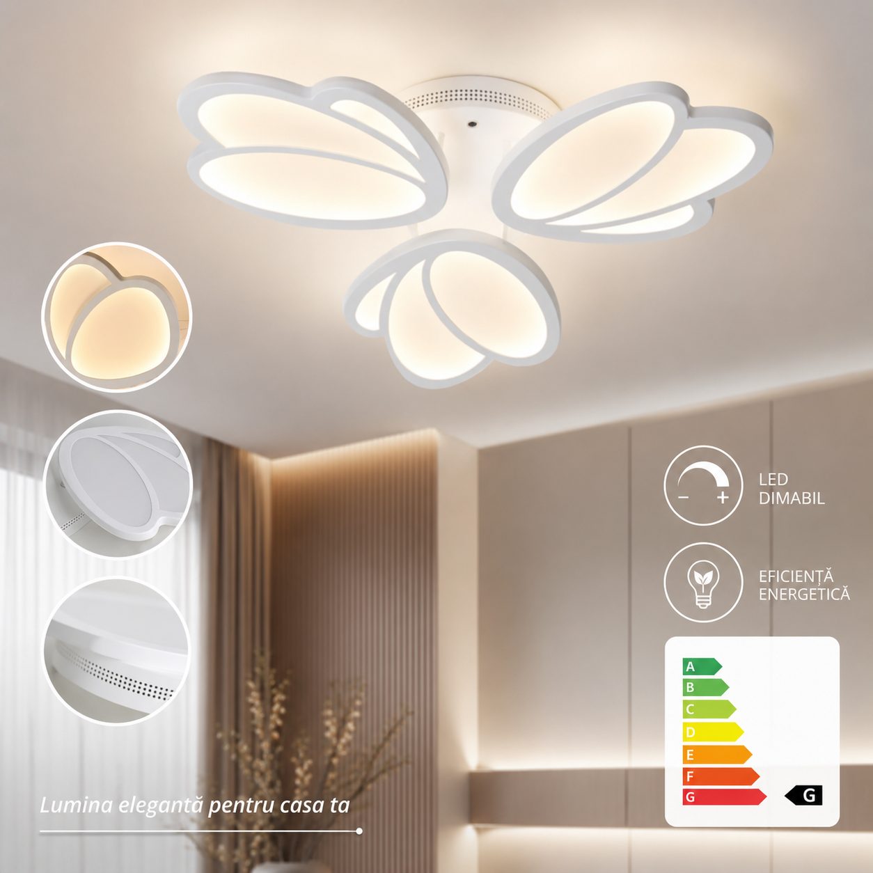 Plafoniera LED TULIP, , 45W, Diametru 50 cm, 3 Petale, Lumina Calda/Neutra/Rece, Dimabila, Telecomanda Inclusa, Alb 3