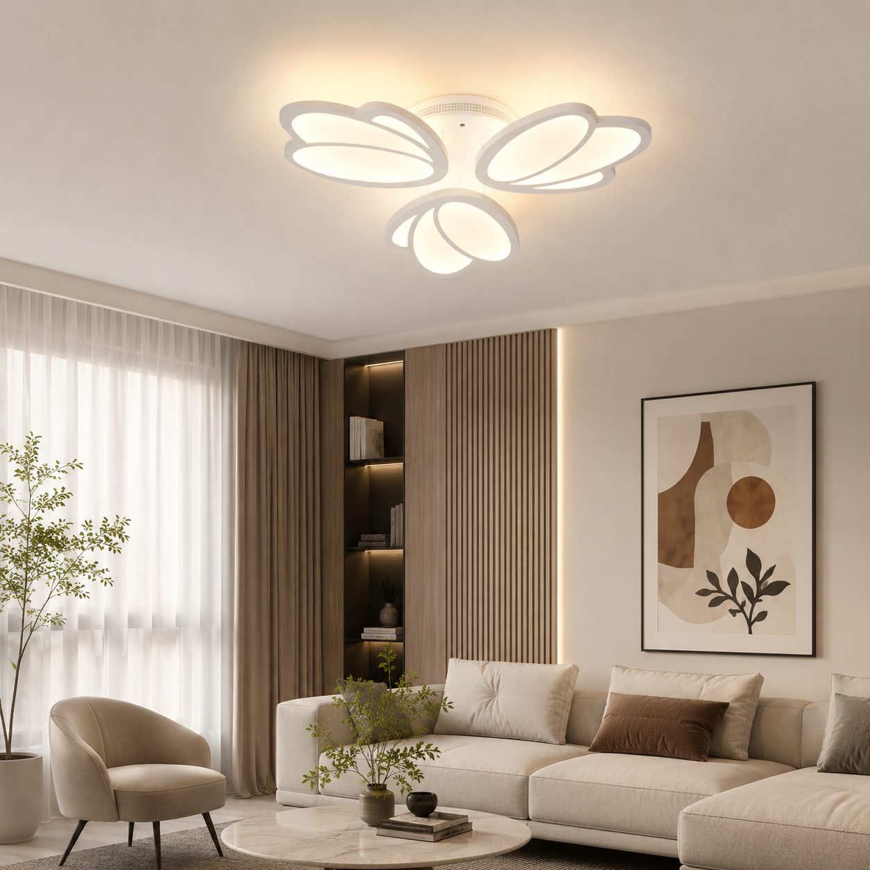 Plafoniera LED TULIP, , 45W, Diametru 50 cm, 3 Petale, Lumina Calda/Neutra/Rece, Dimabila, Telecomanda Inclusa, Alb 2