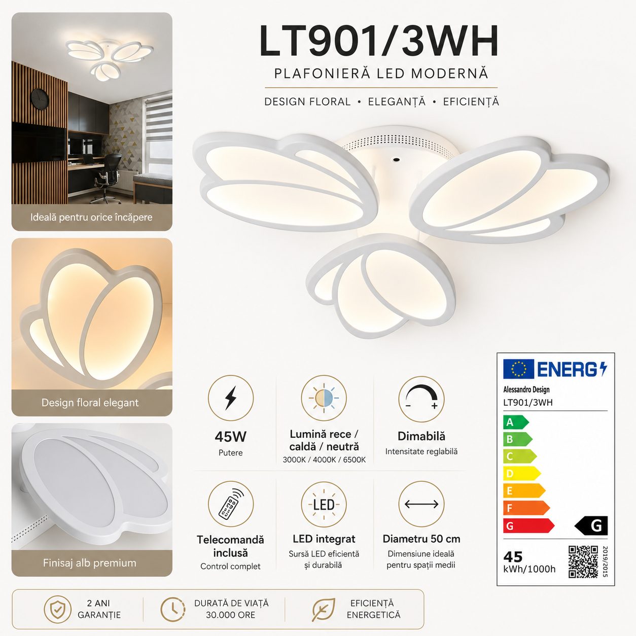 Plafoniera LED TULIP, , 45W, Diametru 50 cm, 3 Petale, Lumina Calda/Neutra/Rece, Dimabila, Telecomanda Inclusa, Alb 4