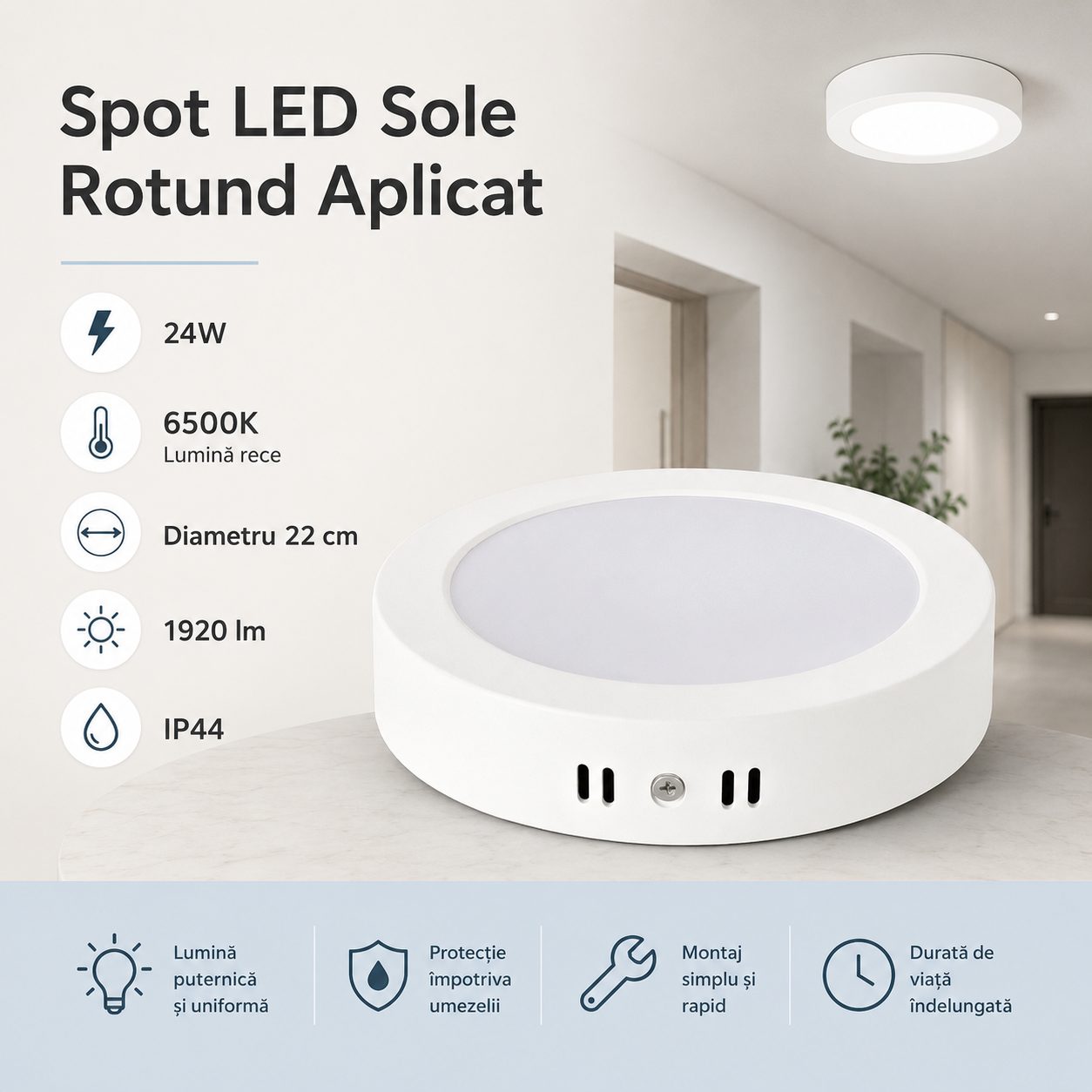 Spot LED Aplicat, , Forma Rotunda, 24W, Lumina Rece 6500K, Montaj pe Tavan, Alb 2
