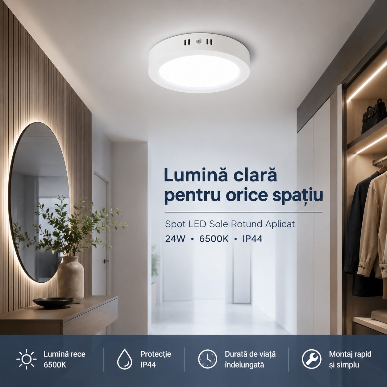 Spot LED Aplicat, , Forma Rotunda, 24W, Lumina Rece 6500K, Montaj pe Tavan, Alb 3