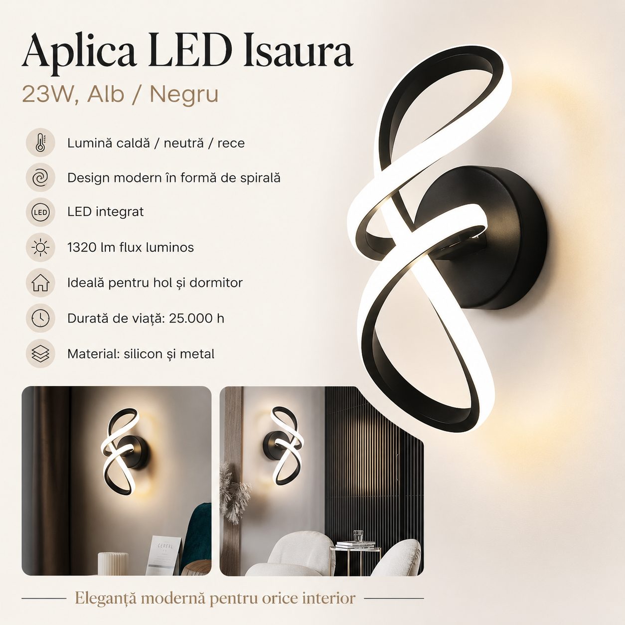 Aplica LED Isaura 23W Alb Negru 4
