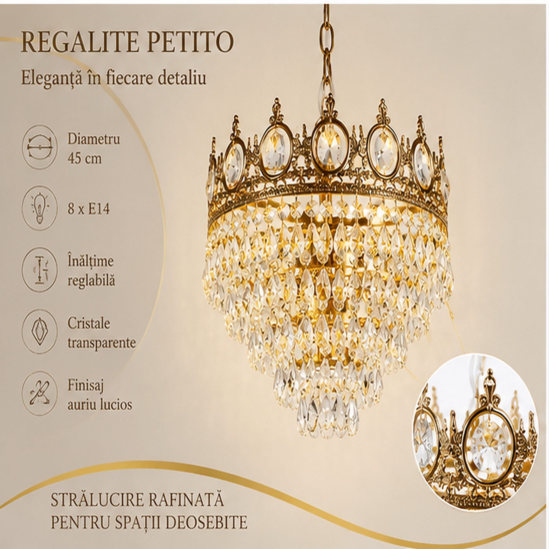 Candelabru Cristal REGALITE Petito, 8XE14, Diametru 45cm, Auriu Lucios, Inaltime Reglabila 3