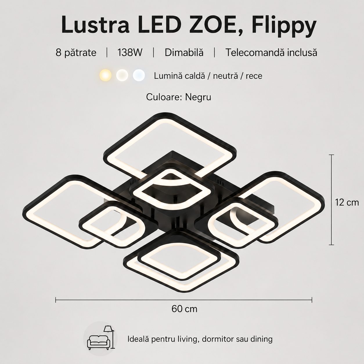 Lustra LED ZOE, , 8 Patrate, 138W, Telecomanda Inclusa, Lumina Calda/Neutra/Rece, Dimabila, Negru 3