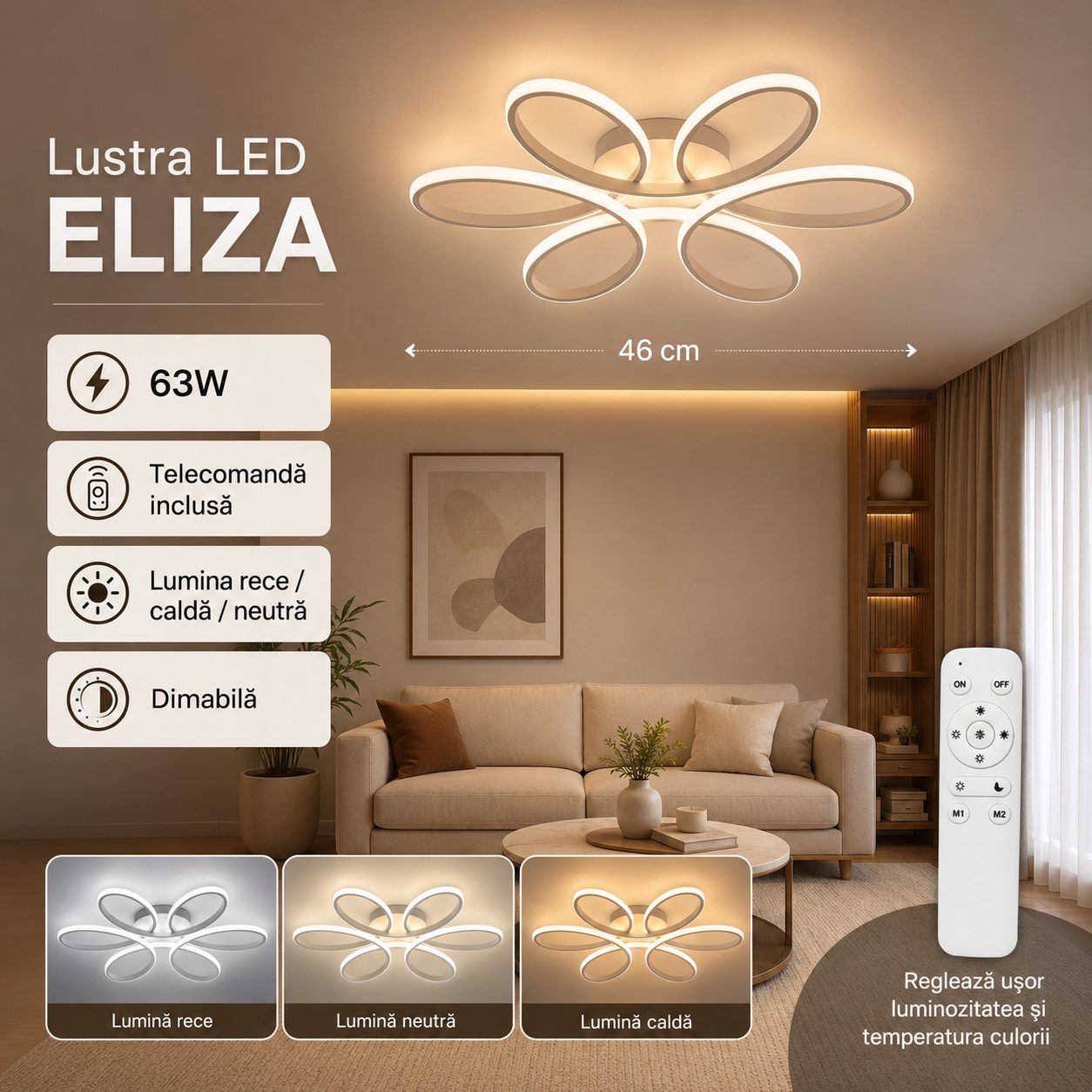 Lustra LED cu telecomanda ELIZA, 63W, lumina Rece/Calda/Neutra, Dimabila, Alb 3
